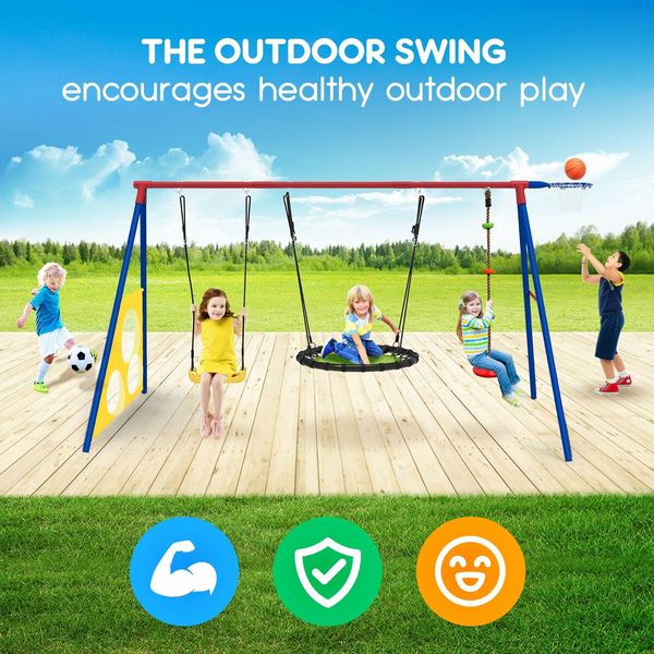 Outdoor Kids Swing Set Toys 5in1 Playset Basketball Hoop Football Goal Gate Climb Tree Saucer Child Backyard Playground Activity Centre Equipment