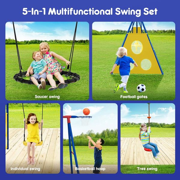 Outdoor Kids Swing Set Toys 5in1 Playset Basketball Hoop Football Goal Gate Climb Tree Saucer Child Backyard Playground Activity Centre Equipment