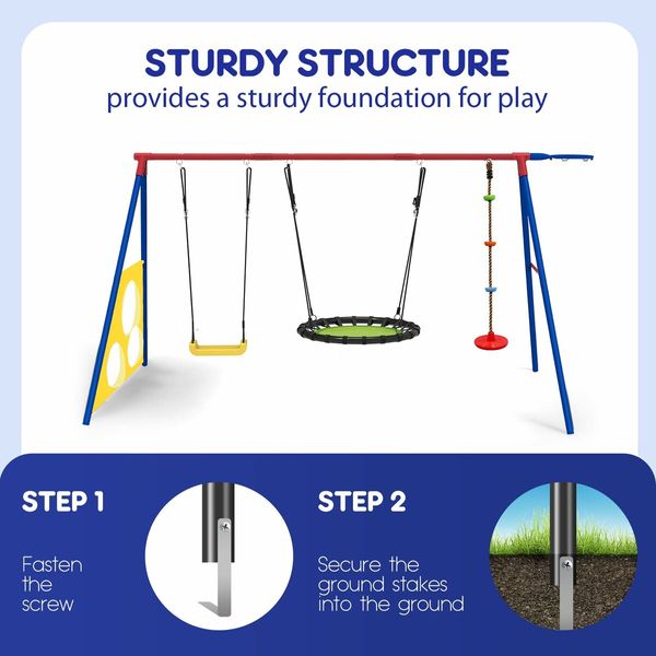 Outdoor Kids Swing Set Toys 5in1 Playset Basketball Hoop Football Goal Gate Climb Tree Saucer Child Backyard Playground Activity Centre Equipment