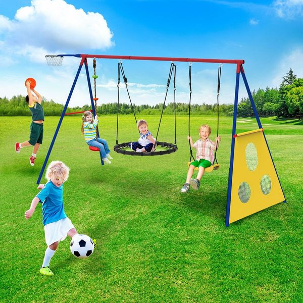 Outdoor Kids Swing Set Toys 5in1 Playset Basketball Hoop Football Goal Gate Climb Tree Saucer Child Backyard Playground Activity Centre Equipment