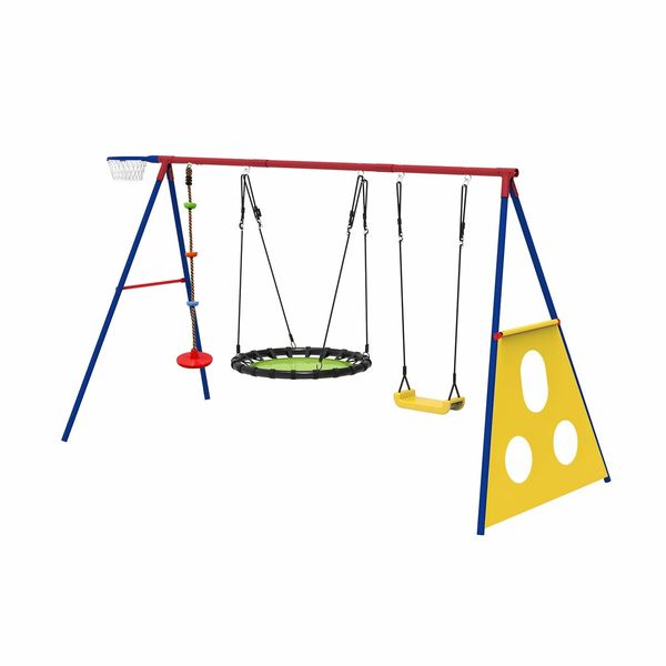 Outdoor Kids Swing Set Toys 5in1 Playset Basketball Hoop Football Goal Gate Climb Tree Saucer Child Backyard Playground Activity Centre Equipment