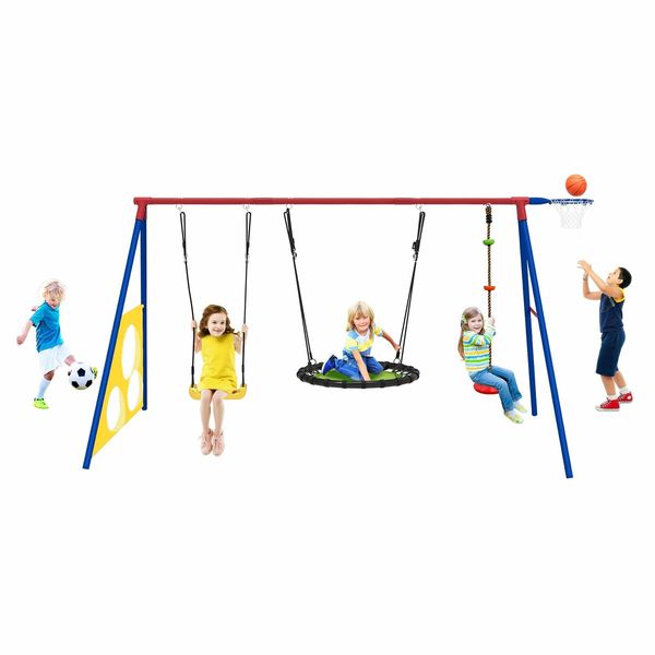 Outdoor Kids Swing Set Toys 5in1 Playset Basketball Hoop Football Goal Gate Climb Tree Saucer Child Backyard Playground Activity Centre Equipment