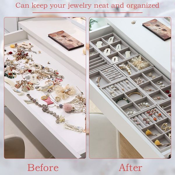 Jewellery Tray,Velvet Jewellery Insert for Drawers,Stackable Jewellery Organiser,Jewellery Storage Drawer for Earrings,Ring,Bracelet,Brooches,Necklaces 6Pcs (Grey)