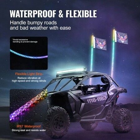 2 PCS 3 FT Whip Light, APP & RF Remote Control Led Whip Light, Waterproof 360° Spiral RGB Chasing Lighted Whips with 4 Flags, for UTVs, ATVs, Motorcycles, RZR, Can-am, Trucks, Off-road, Go-karts