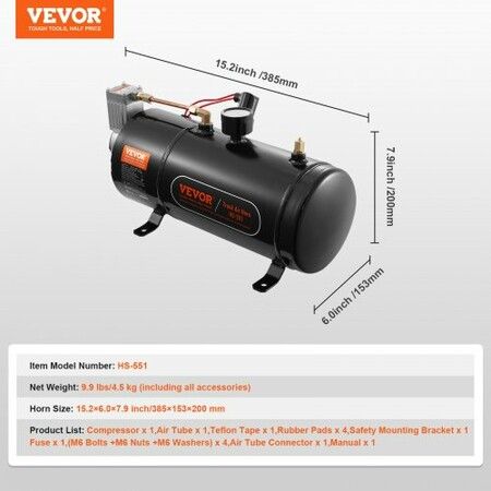 12V Air Compressor with Tank 0.8 Gallon/3 L, Train Horn Air Compressor, 120 psi Working Pressure Onboard Air Compressor System for Train Air Horns, Inflating Tires, Air Mattresses