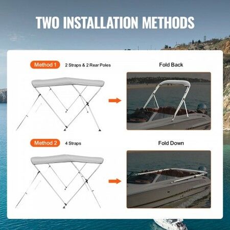 3 Bow Bimini Top Boat Cover, 900D Polyester Canopy with 1" Aluminum Alloy Frame, Waterproof and Sun Shade, Includes Storage Boot, 2 Support Poles, 4 Straps, 6'L x 46"H x 67"-72"W, Light Grey