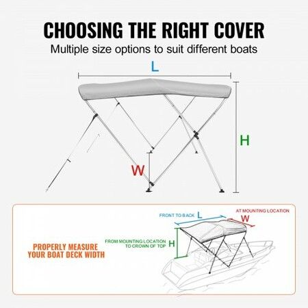 3 Bow Bimini Top Boat Cover, 900D Polyester Canopy with 1" Aluminum Alloy Frame, Waterproof and Sun Shade, Includes Storage Boot, 2 Support Poles, 4 Straps, 6'L x 46"H x 67"-72"W, Light Grey