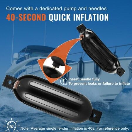 Boat Fenders, 5.5" x 20" Boat Bumpers for Docking, Inflatable Ribbed Fender with Center Holes, Marine Boat Dock Fender Bumper with Air Pump, 4 Needles and 4 Ropes and Storage Bag, Black