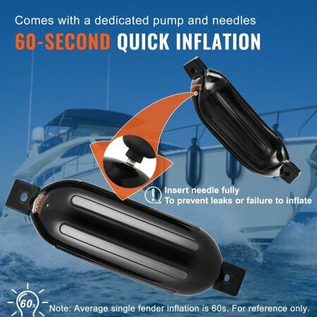 Boat Fenders, 6.5" x 23" Boat Bumpers for Docking, Inflatable Ribbed Fender with Center Holes, Marine Boat Dock Fender Bumper with Air Pump, 4 Needles and 4 Ropes and Storage Bag, Black