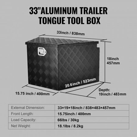 Trailer Tongue Box, Aluminum Alloy Diamond Plate Tongue Box Tool Chest, Heavy Duty Trailer Box Storage with Lock and Keys, Utility Trailer Tongue Box for Pickup Truck, RV, Trailer,33"x19"x18"