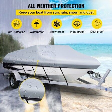 Waterproof Boat Cover, 16'-18.5' Trailerable Boat Cover, Beam Width up to 98\" v Hull Cover Heavy Duty 210D Marine Grade Polyester Mooring Cover for Fits V-Hull Boat with 5 Tightening Straps