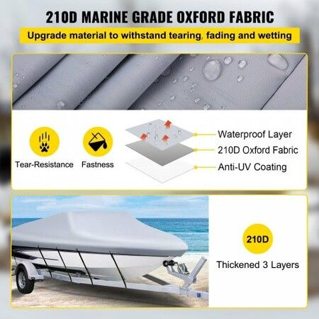 Waterproof Boat Cover, 14'-16' Trailerable Boat Cover, Beam Width up to 90" v Hull Cover Heavy Duty 210D Marine Grade Polyester Mooring Cover for Fits V-Hull Boat with 5 Tightening Straps