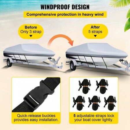 Waterproof Boat Cover, 14'-16' Trailerable Boat Cover, Beam Width up to 90" v Hull Cover Heavy Duty 210D Marine Grade Polyester Mooring Cover for Fits V-Hull Boat with 5 Tightening Straps