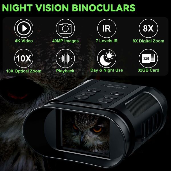 Night Vision Goggles,5W Upgraded 4K HD IR Binoculars,8X Digital Zoom,Rechargeable Binoculars with Camera Built In,32GB Card to Save Photos and Videos,Flashlight for Camping Hunting