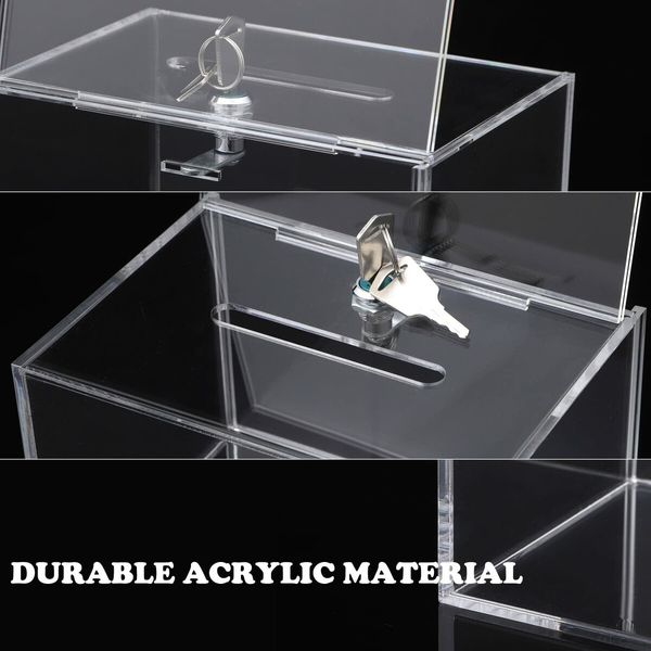 Clear Donation Box with Lock,Ballot Box with Sign Holder,Suggestion Box Storage Container for Voting,Raffle Box,Tip Jar 16x11.5x10cm (Clear)