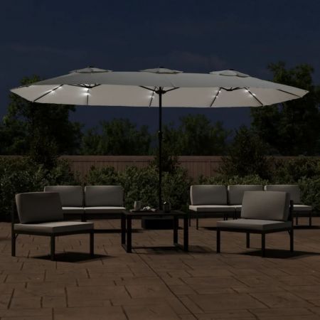 Double-Head Parasol with LEDs Sand White 449x245 cm