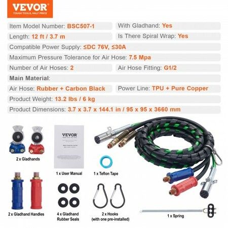 12FT Semi Truck Air Lines Kit with 2PCS Glad Hands, 3-in-1 Air Hoses & 7 Way ABS Electric Power Line, with 2PCS Gladhand Handles, 4PCS Seals and Tender Spring Kit for Semi Truck Trailer Tractor