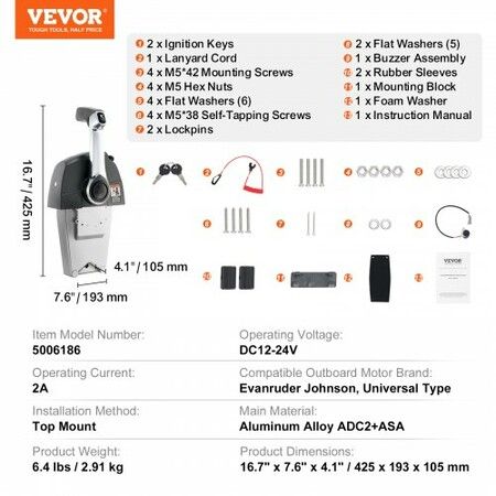 Boat Throttle Control, 5006186 Top-Mounted Outboard Remote Control Box for Evinrude Johnson, Marine Throttle Control Box with Power Trim Switch and Lanyard