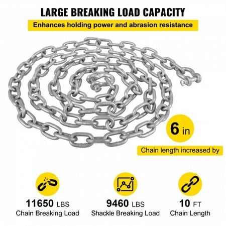 Anchor Chain, 10\' x 5/16\" Galvanized Steel Chain, 3/8\" Anchor Chain Shackle, 11650lbs Anchor Lead Chain Breaking Load, 9460lbs Anchor Chain Shackle Breaking Load, Anchor Chain for Boats, Ship