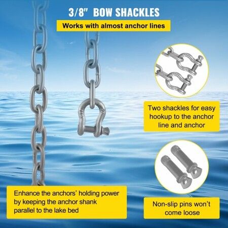 Anchor Chain, 10\' x 5/16\" Galvanized Steel Chain, 3/8\" Anchor Chain Shackle, 11650lbs Anchor Lead Chain Breaking Load, 9460lbs Anchor Chain Shackle Breaking Load, Anchor Chain for Boats, Ship