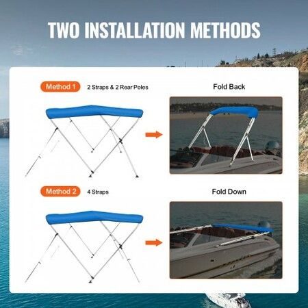 3 Bow Bimini Top Boat Cover, 900D Polyester Canopy with 1" Aluminum Alloy Frame, Waterproof and Sun Shade, Includes Storage Boot, 2 Support Poles, 4 Straps, 182.88'L x 116.84"H x 170.18"-182.88"