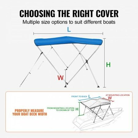 3 Bow Bimini Top Boat Cover, 900D Polyester Canopy with 1" Aluminum Alloy Frame, Waterproof and Sun Shade, Includes Storage Boot, 2 Support Poles, 4 Straps, 182.88'L x 116.84"H x 170.18"-182.88"