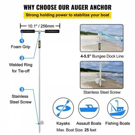 Sand Anchor, 36\" Length Auger to The Beach and Sandbar, 316 Stainless Steel Screw Anchor with Removable Handle, Bungee Line & Carry Bag, for Jet Ski PWC Pontoon Kayak