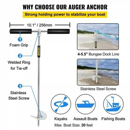 Sand Anchor, 18\" Length Auger to The Beach and Sandbar, 316 Stainless Steel Screw Anchor with Removable Handle, Bungee Line & Carry Bag, for Jet Ski PWC Pontoon Kayak