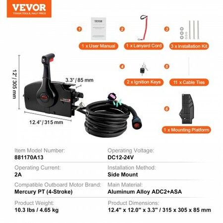 Boat Throttle Control, 881170A13 Side-Mounted Outboard Remote Control Box for Mercury PT 4-Stroke, Marine Throttle Control Box with Power Trim Switch, 16.6 ft Harness 14 Pin, and Lanyard