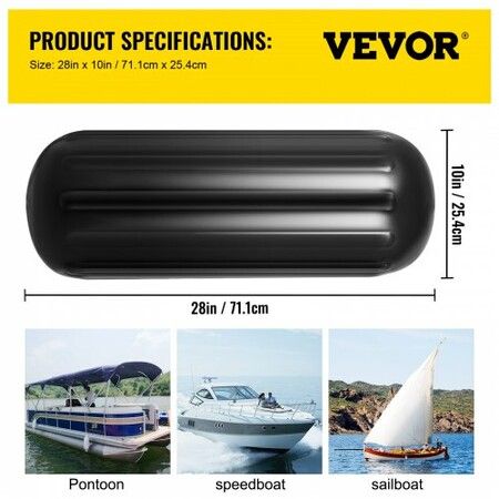 4 Ribbed Boat Fenders 10X 28" Black Center Hole Bumpers Mooring Protection