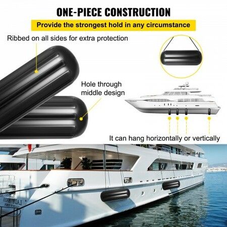 Boat Fenders, 10" x 28" Ribbed Fender, 4 Pack Boat Bumpers, Hole Through Middle Ribbed Inflatable Boat Fender with 4 Ropes, for Pontoon Boat Sailboat, Ski Boat, Black