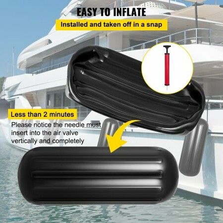 Boat Fenders, 10" x 28" Ribbed Fender, 4 Pack Boat Bumpers, Hole Through Middle Ribbed Inflatable Boat Fender with 4 Ropes, for Pontoon Boat Sailboat, Ski Boat, Black