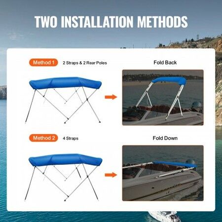 4 Bow Bimini Top Boat Cover, 900D Polyester Canopy with 1" Aluminum Alloy Frame, Waterproof and Sun Shade, Includes Storage Boot, 2 Support Poles, 4 Straps, 8'L x 54"H x 91"-96"W, Pacific Blue