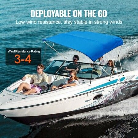 4 Bow Bimini Top Boat Cover, 900D Polyester Canopy with 1" Aluminum Alloy Frame, Waterproof and Sun Shade, Includes Storage Boot, 2 Support Poles, 4 Straps, 8'L x 54"H x 91"-96"W, Pacific Blue