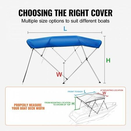 4 Bow Bimini Top Boat Cover, 900D Polyester Canopy with 1" Aluminum Alloy Frame, Waterproof and Sun Shade, Includes Storage Boot, 2 Support Poles, 4 Straps, 8'L x 54"H x 91"-96"W, Pacific Blue