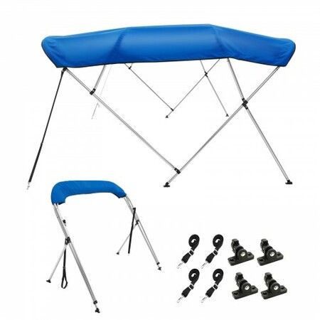 4 Bow Bimini Top Boat Cover, 900D Polyester Canopy with 1" Aluminum Alloy Frame, Waterproof and Sun Shade, Includes Storage Boot, 2 Support Poles, 4 Straps, 8'L x 54"H x 91"-96"W, Pacific Blue