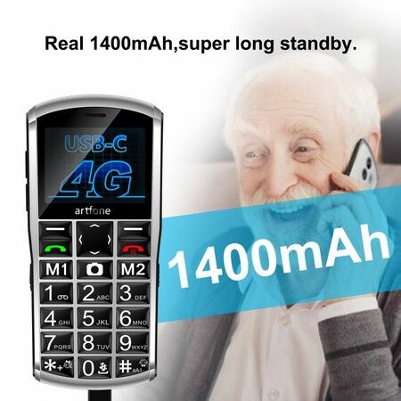 4G VoLTE One Click Unlock Big Button Large Fonts Senior Elderly Mobile Phone High Volume Speakers SOS Button USB C Powered 1400mAh Battery Sliver