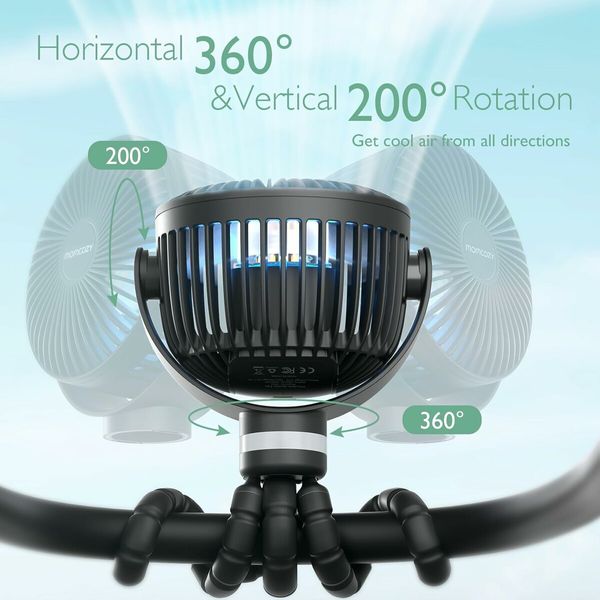 Portable Stroller Fan, 8000mAh, 360 Degree Rotate, LED Night Light with 2 Modes, USB Rechargeable Handheld Cooling Fan for Travel, Car Seat (Black)