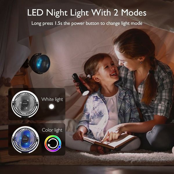 Portable Stroller Fan, 8000mAh, 360 Degree Rotate, LED Night Light with 2 Modes, USB Rechargeable Handheld Cooling Fan for Travel, Car Seat (Black)
