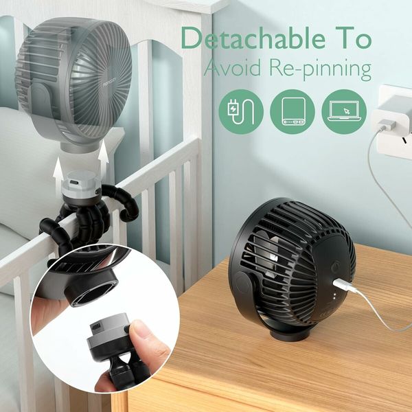 Portable Stroller Fan, 8000mAh, 360 Degree Rotate, LED Night Light with 2 Modes, USB Rechargeable Handheld Cooling Fan for Travel, Car Seat (Black)