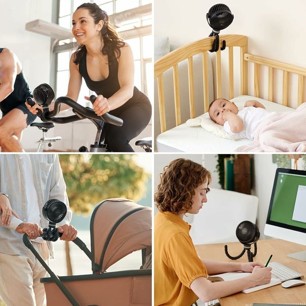 Portable Stroller Fan, 8000mAh, 360 Degree Rotate, LED Night Light with 2 Modes, USB Rechargeable Handheld Cooling Fan for Travel, Car Seat (Black)