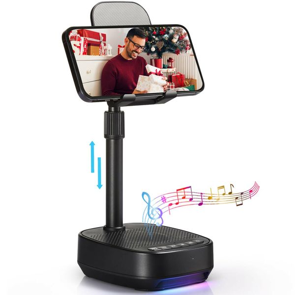 3-in-1 Cell Phone Stand with Wireless Bluetooth Speaker and Night Light,Adjustable Height,HD Surround Sound Perfect for Home,Outdoors-Black