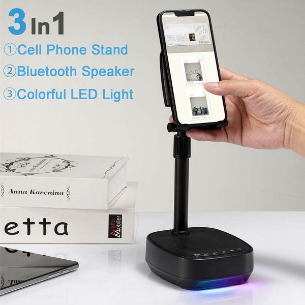 3-in-1 Cell Phone Stand with Wireless Bluetooth Speaker and Night Light,Adjustable Height,HD Surround Sound Perfect for Home,Outdoors-Black