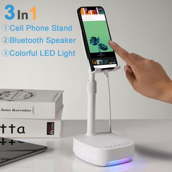 3-in-1 Cell Phone Stand with Wireless Bluetooth Speaker and Night Light,Adjustable Height,HD Surround Sound Perfect for Home,Outdoors-White