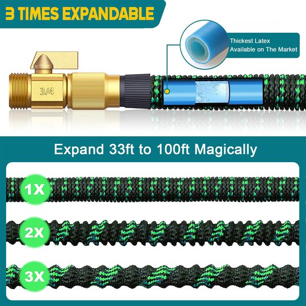 Expandable Garden Hose 100ft with 10 Function Nozzle Sprayer,Lightweight Flexible Water Hose with Durable Collapsible Latex Core Solid Brass Fittings,15M Retractable Stretch Hose (30M Green)