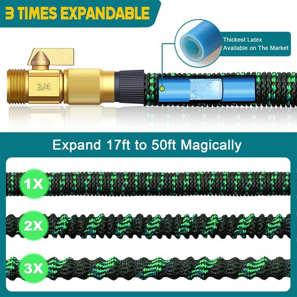 Expandable Garden Hose 50ft with 10 Function Nozzle Sprayer,Lightweight Flexible Water Hose with Durable Collapsible Latex Core Solid Brass Fittings,15M Retractable Stretch Hose (15M Green)