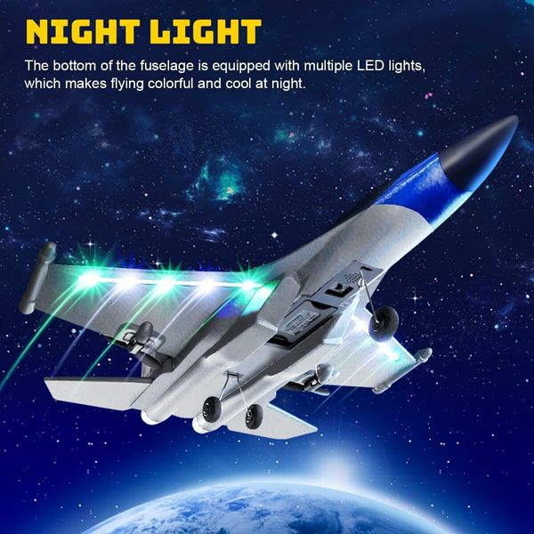 Remote Control Airplanes, 2.4 Ghz RC Glider with LED Lights, Fighter Jet with Smart Gyroscope System, Easy to Fly RC Fighter for Beginner Kids