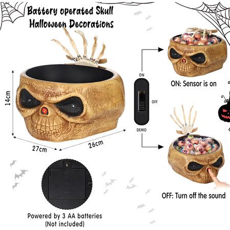 Halloween Candy Bowl Dish with Hand Spooky Decoration Props LED Eyes and Sound for Haunted House Horror Party Table Decor, Khaki