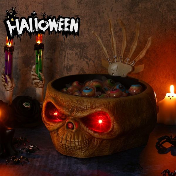 Halloween Candy Bowl Dish with Hand Spooky Decoration Props LED Eyes and Sound for Haunted House Horror Party Table Decor, Khaki