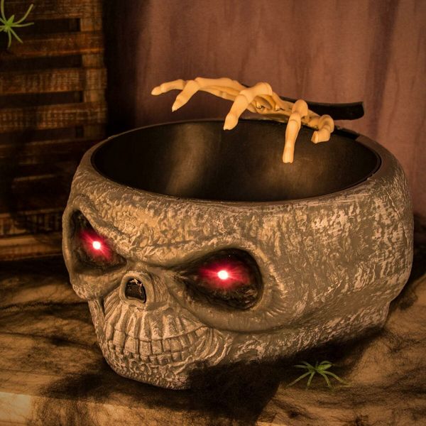 Halloween Candy Bowl Dish with Hand Spooky Decoration Props LED Eyes and Sound for Haunted House Horror Party Table Decor, Gray